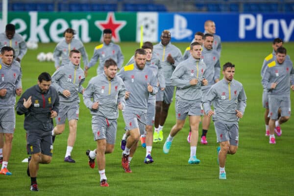 BASEL, SWITZERLAND - Tuesday, September 30, 2014: Liverpool's Jordan Rossiter, captain Steven Gerrard, Rickie Lambert, Jordan Henderson and Fabio Borini during a training session at the St. Jakob Stadium ahead of the UEFA Champions League Group B match against FC Basel. (Pic by David Rawcliffe/Propaganda)