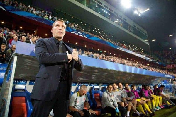 BASEL, SWITZERLAND - Wednesday, October 1, 2014: Liverpool's manager Brendan Rodgers before the UEFA Champions League Group B match against FC Basel at the St. Jakob-Park Stadium. (Pic by David Rawcliffe/Propaganda)