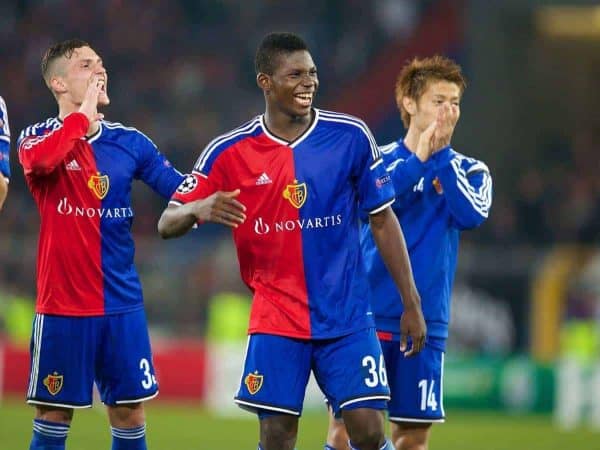 BASEL, SWITZERLAND - Wednesday, October 1, 2014: FC Basel's Breel Embolo celebrates his side's 1-0 victory over Liverpool during the UEFA Champions League Group B match at the St. Jakob-Park Stadium. (Pic by David Rawcliffe/Propaganda)