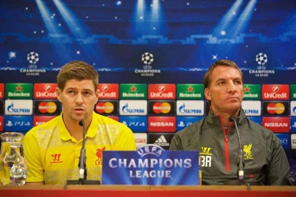 LIVERPOOL, ENGLAND - Tuesday, October 21, 2014: Liverpool's captain Steven Gerrard and manager Brendan Rodgers during a press conference ahead of the UEFA Champions League Group B match against Real Madrid at Anfield. (Pic by David Rawcliffe/Propaganda)