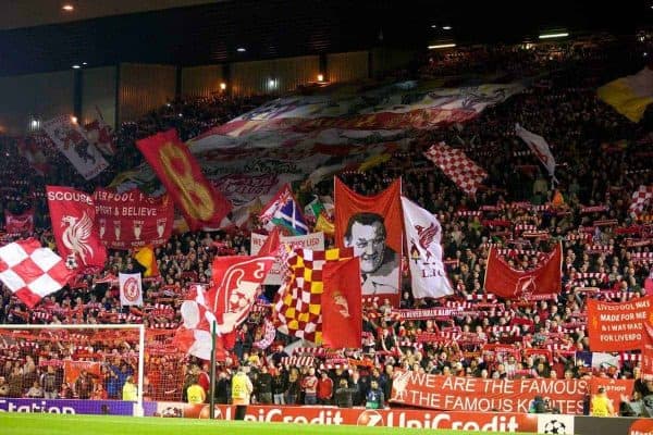 LIVERPOOL, ENGLAND - Wednesday, October 22, 2014: Liverpool supporters on the Spion Kop during the UEFA Champions League Group B match against Real Madrid CF at Anfield. (Pic by David Rawcliffe/Propaganda)