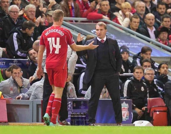 LIVERPOOL, ENGLAND - Wednesday, October 22, 2014: Liverpool's Jordan Henderson is substituted by manager Brendan Rodgers during the UEFA Champions League Group B match against Real Madrid CF at Anfield. (Pic by David Rawcliffe/Propaganda)