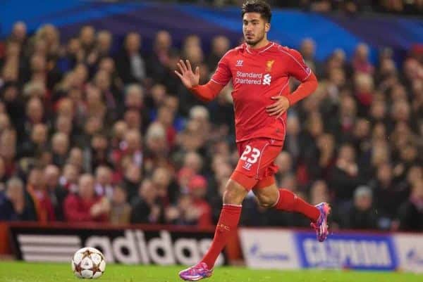 LIVERPOOL, ENGLAND - Wednesday, October 22, 2014: Liverpool's Emre Can in action against Real Madrid CF during the UEFA Champions League Group B match at Anfield. (Pic by David Rawcliffe/Propaganda)