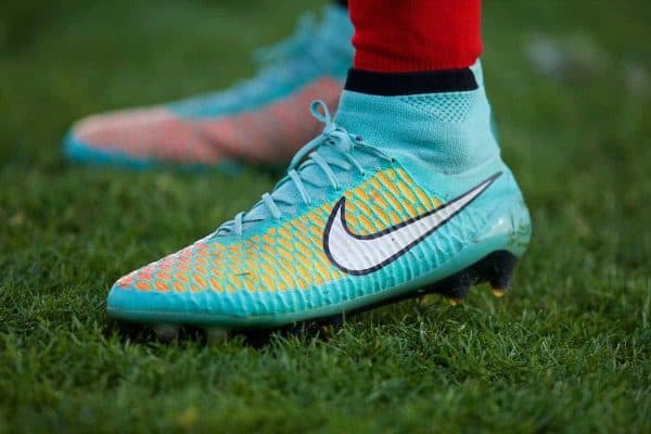 MADRID, SPAIN - Tuesday, November 4, 2014: The turquoise Nike boot of Liverpool's Kevin Stewart during the UEFA Youth League Group B match against Real Madrid at Ciudad Real Madrid. (Pic by David Rawcliffe/Propaganda)