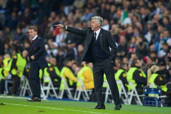 MADRID, SPAIN - Tuesday, November 4, 2014: Real Madrid's head coach Carlo Ancelotti during the UEFA Champions League Group B match against Liverpool at the Estadio Santiago Bernabeu. (Pic by David Rawcliffe/Propaganda)