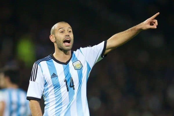 MANCHESTER, ENGLAND - Tuesday, November 18, 2014: Argentina's Javier Mascherano in action against Portugal during the International Friendly match at Old Trafford. (Pic by David Rawcliffe/Propaganda)