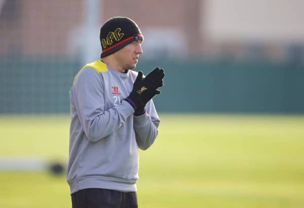 LIVERPOOL, ENGLAND - Tuesday, November 4, 2014: Liverpool's Lucas Leiva during a training session at Melwood Training Grounds ahead of the UEFA Champions League Group B match against PFC Ludogorets Razgrad. (Pic by David Rawcliffe/Propaganda)s