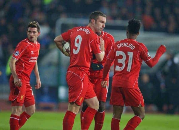 SOFIA, BULGARIA - Wednesday, November 26, 2014: Liverpool's Rickie Lambert celebrates scoring the first goal against PFC Ludogorets Razgrad during the UEFA Champions League Group B match at the Vasil Levski National Stadium (Pic by David Rawcliffe/Propaganda)