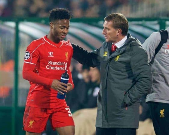 SOFIA, BULGARIA - Wednesday, November 26, 2014: Liverpool's manager Brendan Rodgers substitutes Raheem Sterling during the UEFA Champions League Group B match against PFC Ludogorets Razgrad at the Vasil Levski National Stadium. (Pic by David Rawcliffe/Propaganda)