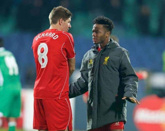 SOFIA, BULGARIA - Wednesday, November 26, 2014: Liverpool's captain Steven Gerrard and Raheem Sterling after their 2-2 draw with PFC Ludogorets Razgrad during the UEFA Champions League Group B match at the Vasil Levski National Stadium. (Pic by David Rawcliffe/Propaganda)