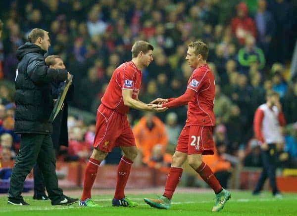 LIVERPOOL, ENGLAND - Saturday, November 29, 2014: Liverpool's captain Steven Gerrard comes on to replace Lucas Leiva against Stoke City during the Premier League match at Anfield. (Pic by David Rawcliffe/Propaganda)