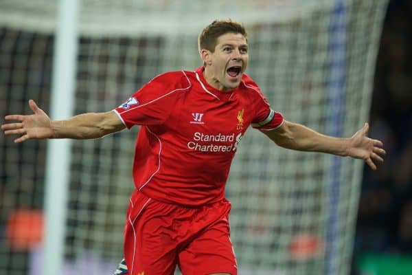 LEICESTER, ENGLAND - Tuesday, December 2, 2014: Liverpool's captain Steven Gerrard celebrates scoring the second goal against Leicester City during the Premier League match at Filbert Way. (Pic by David Rawcliffe/Propaganda)