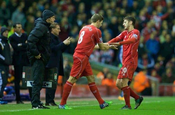 LIVERPOOL, ENGLAND - Saturday, December 6, 2014: Liverpool's substitute captain Steven Gerrard prepares to come on for Adam Lallana against Sunderland during the Premier League match at Anfield. (Pic by David Rawcliffe/Propaganda)