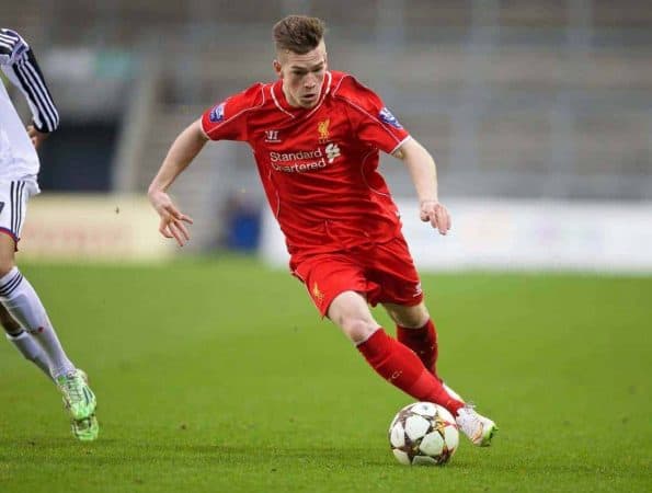 LIVERPOOL, ENGLAND - Tuesday, December 9, 2014: Liverpool's Ryan Kent in action against FC Basel during the UEFA Youth League Group B match at Langtree Park. (Pic by David Rawcliffe/Propaganda)