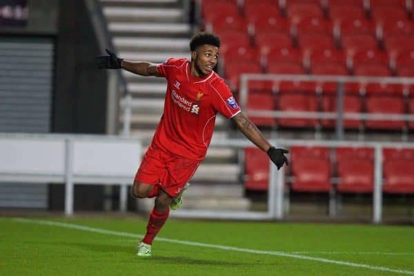 LIVERPOOL, ENGLAND - Tuesday, December 9, 2014: Liverpool's Jerome Sinclair celebrates scoring the third goal against FC Basel during the UEFA Youth League Group B match at Langtree Park. (Pic by David Rawcliffe/Propaganda)