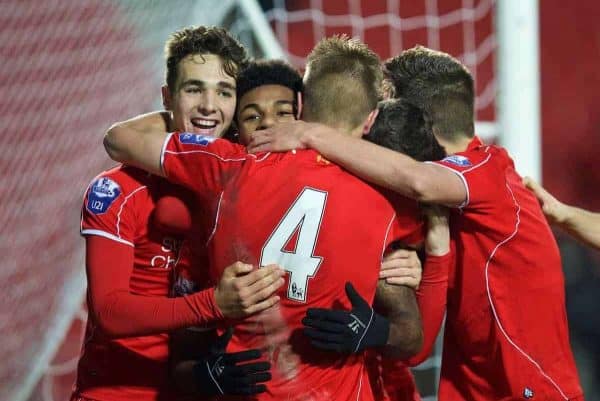 LIVERPOOL, ENGLAND - Tuesday, December 9, 2014: Liverpool's Jerome Sinclair celebrates scoring the third goal against FC Basel during the UEFA Youth League Group B match at Langtree Park. (Pic by David Rawcliffe/Propaganda)