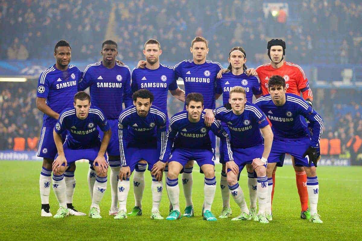 LONDON, ENGLAND - Wednesday, December 10, 2014: Chelsea players line up for a team group photograph before the final UEFA Champions League Group G match against Sporting Clube de Portugal at Stamford Bridge. Back row L-R: John Mikel Obi, Kurt Zouma, Gary Cahill, Nemanja Matic, Filipe Luis, goalkeeper Petr Cech. Front row L-R: Cesar Azpilicueta, Mohamed Salah, Cesc Fabregas, Andre Schurrle. (Pic by David Rawcliffe/Propaganda)