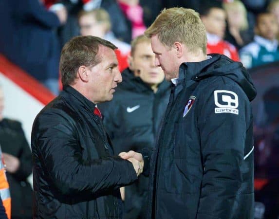 BOURNEMOUTH, ENGLAND - Wednesday, December 17, 2014: Liverpool's manager Brendan Rodgers and Bournemouth's manager Eddie Howe during the Football League Cup 5th Round match at Dean Court. (Pic by David Rawcliffe/Propaganda)