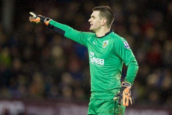 BURNLEY, ENGLAND - Boxing Day, Friday, December 26, 2014: Burnley's goalkeeper Tom Heaton in action against Liverpool during the Premier League match at Turf Moor. (Pic by David Rawcliffe/Propaganda)