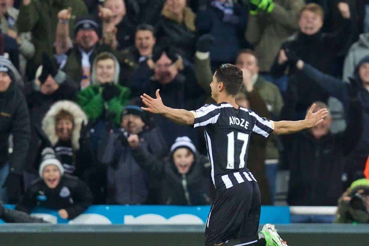 NEWCASTLE-UPON-TYNE, ENGLAND - Sunday, December 28, 2014: Newcastle United's Ayoze Perez celebrates scoring the second goal against Everton during the Premier League match at St. James' Park. (Pic by David Rawcliffe/Propaganda)