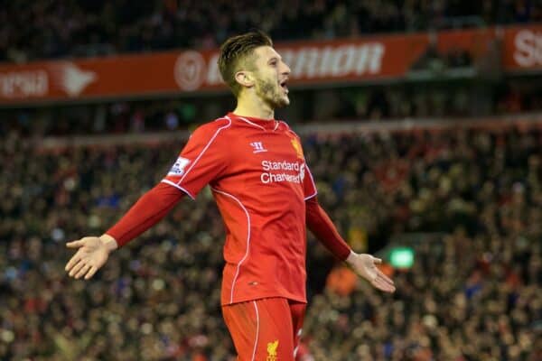 LIVERPOOL, ENGLAND - Monday, December 29, 2014: Liverpool's Adam Lallana celebrates scoring the second goal against Swansea City during the Premier League match at Anfield. (Pic by David Rawcliffe/Propaganda)