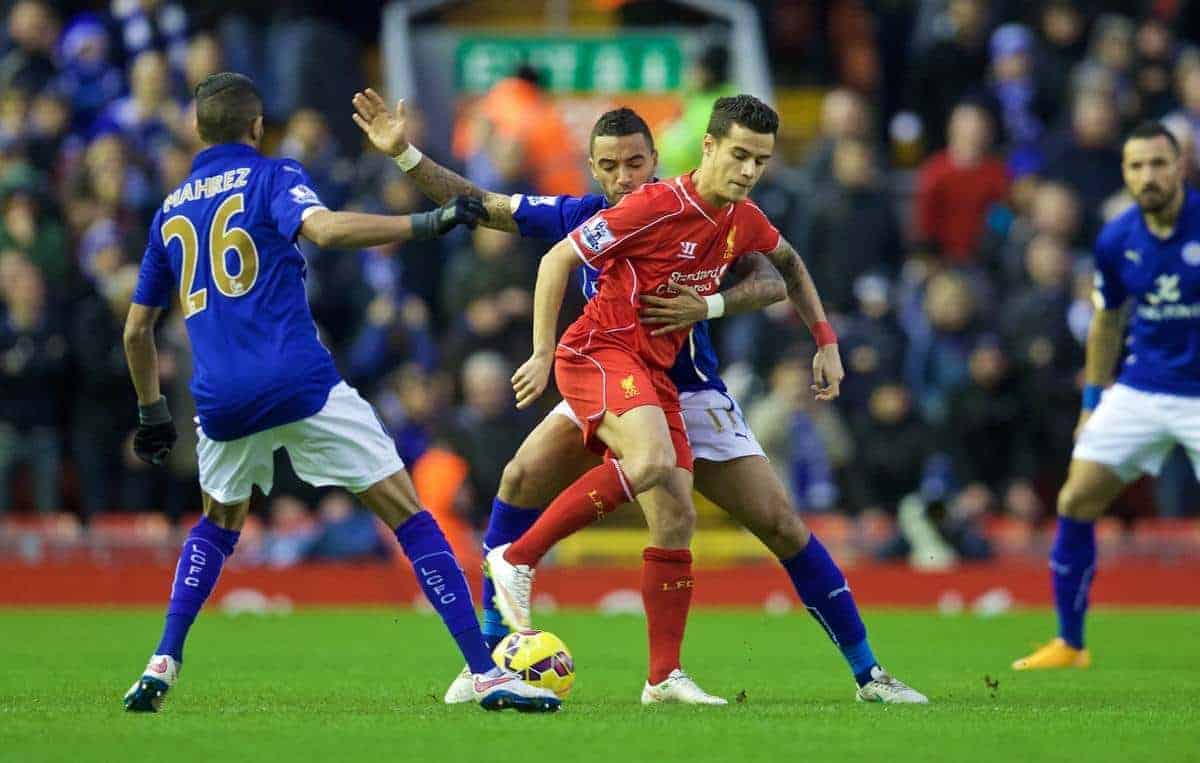 LIVERPOOL, ENGLAND - Thursday, New Year's Day, January 1, 2015: Liverpool's Philippe Coutinho Correia in action against Leicester City during the Premier League match at Anfield. (Pic by David Rawcliffe/Propaganda)