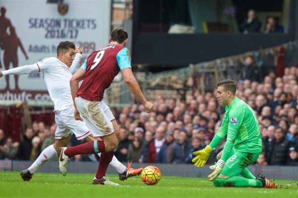 LONDON, ENGLAND - Saturday, January 2, 2016: Liverpool's Roberto Firmino sees his shot saved by West Ham United's goalkeeper Adrian San Miguel del Castillo during the Premier League match at Upton Park. (Pic by David Rawcliffe/Propaganda)