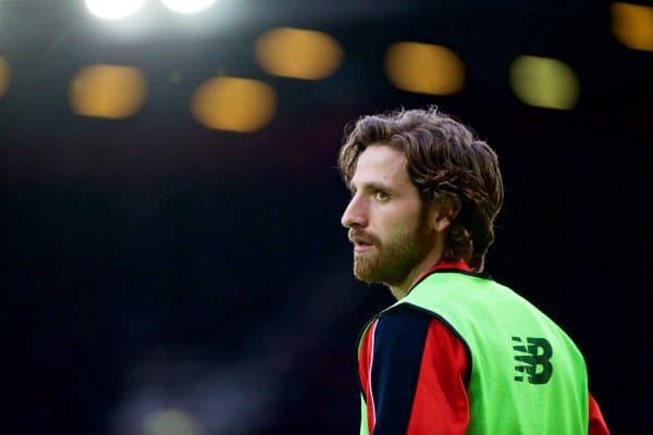 LONDON, ENGLAND - Saturday, January 2, 2016: Liverpool's substitute Joe Allen warms-up during the Premier League match against West Ham United at Upton Park. (Pic by David Rawcliffe/Propaganda)