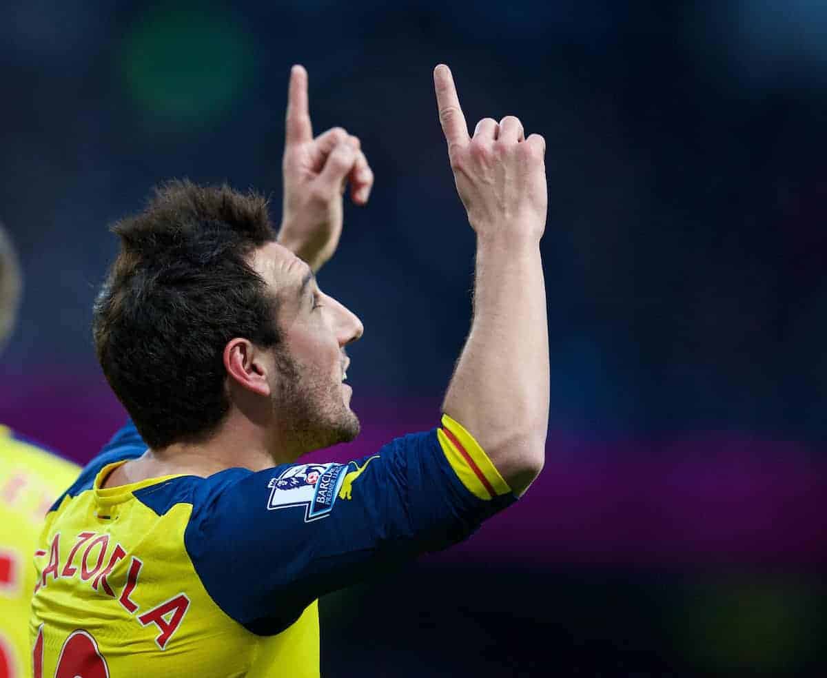 MANCHESTER, ENGLAND - Sunday, January 18, 2015: Arsenal's Santi Cazorla celebrates scoring the first goal against Manchester City from the penalty spot during the Premier League match at the City of Manchester Stadium. (Pic by David Rawcliffe/Propaganda)