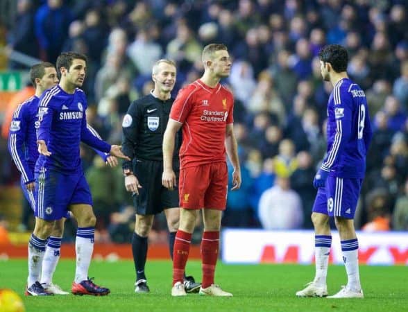 LIVERPOOL, ENGLAND - Tuesday, January 20, 2015: Liverpool's Jordan Henderson shares up to Chelsea's Diego Costa during the Football League Cup Semi-Final 1st Leg match at Anfield. (Pic by David Rawcliffe/Propaganda)