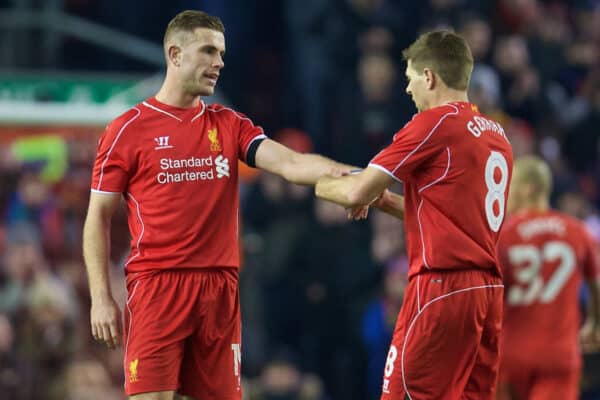 LIVERPOOL, ENGLAND - Tuesday, January 20, 2015: Liverpool's captain Steven Gerrard hands the armband to Jordan Henderson as he is substituted against Chelsea during the Football League Cup Semi-Final 1st Leg match at Anfield. (Pic by David Rawcliffe/Propaganda)