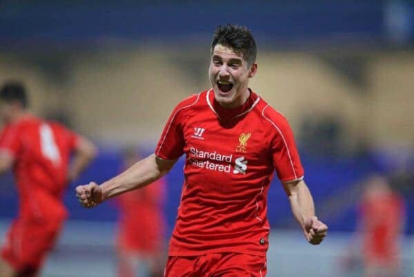 CHESTER, ENGLAND - Wednesday, January 21, 2015: Liverpool's Sergi Canos celebrates scoring the fourth goal against Derby County during the FA Youth Cup 4th Round match at the Deva Stadium. (Pic by David Rawcliffe/Propaganda)