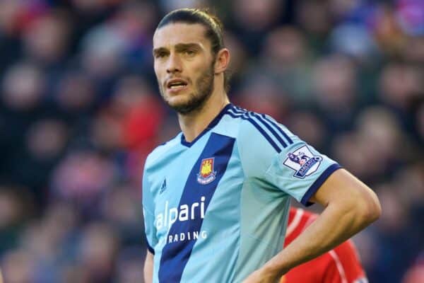 LIVERPOOL, ENGLAND - Saturday, January 31, 2015: West Ham United's Andy Carroll in action against Liverpool during the Premier League match at Anfield. (Pic by David Rawcliffe/Propaganda)