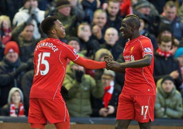 LIVERPOOL, ENGLAND - Saturday, January 31, 2015: Liverpool's Daniel Sturridge celebrates scoring the second goal against West Ham United with team-mate Mamadou Sakho during the Premier League match at Anfield. (Pic by David Rawcliffe/Propaganda)