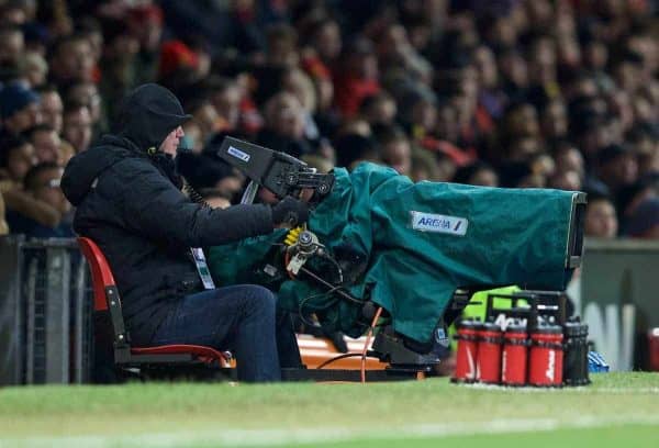 MANCHESTER, ENGLAND - Tuesday, February 3, 2015: A television camera on the pitch before the FA Cup 4th Round Replay match between Manchester United and Cambridge United at Old Trafford. (Pic by David Rawcliffe/Propaganda)