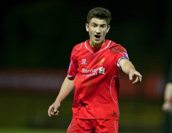 KIRKBY, ENGLAND - Monday, February 16, 2015: Liverpool's captain Cameron Brannagan in action against Sunderland during the Under 21 FA Premier League match at the Kirkby Academy. (Pic by David Rawcliffe/Propaganda)