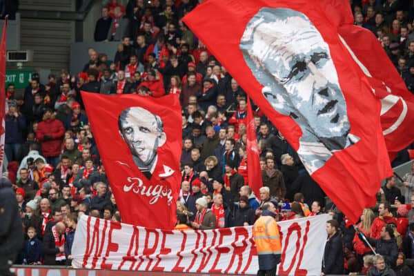 LIVERPOOL, ENGLAND - Sunday, March 1, 2015: Liverpool supporters' banners of Bill Shankly and Ronnie Moran in action against Manchester City during the Premier League match at Anfield. (Pic by David Rawcliffe/Propaganda)