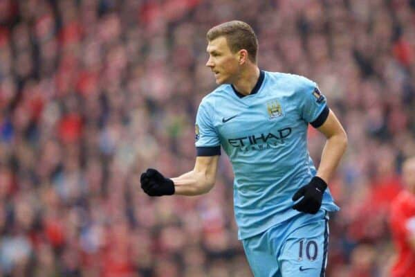 LIVERPOOL, ENGLAND - Sunday, March 1, 2015: Manchester City's Edin Dzeko celebrates scoring the first equalising goal against Liverpool to level the score at 1-1 during the Premier League match at Anfield. (Pic by David Rawcliffe/Propaganda)