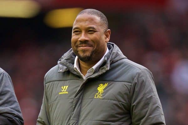 LIVERPOOL, ENGLAND - Sunday, March 1, 2015: Former Liverpool and England player John Barnes on the pitch at the half-time interval during the Premier League match against Manchester City at Anfield. (Pic by David Rawcliffe/Propaganda)