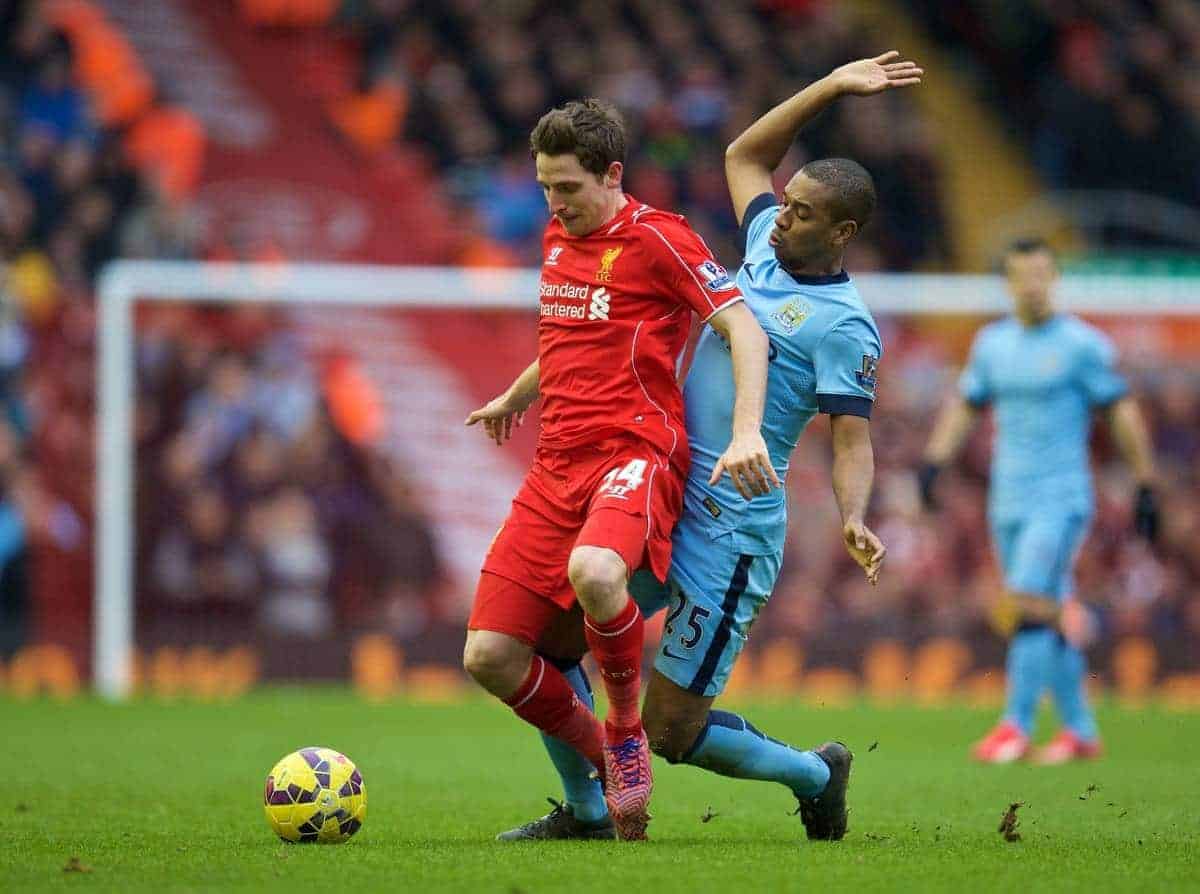 LIVERPOOL, ENGLAND - Sunday, March 1, 2015: Liverpool's Joe Allen in action against Manchester City's Fernando Luiz Roza 'Fernandinho' during the Premier League match at Anfield. (Pic by David Rawcliffe/Propaganda)