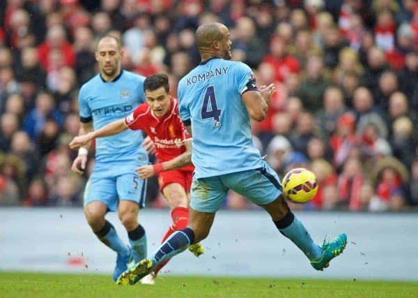 LIVERPOOL, ENGLAND - Sunday, March 1, 2015: Liverpool's Philippe Coutinho Correia in action against Manchester City during the Premier League match at Anfield. (Pic by David Rawcliffe/Propaganda)