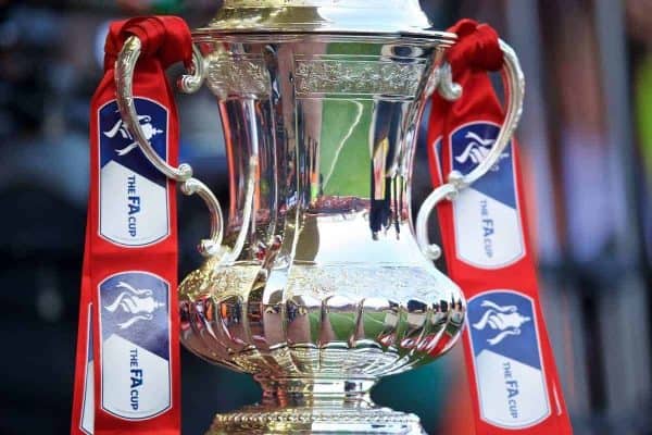 LIVERPOOL, ENGLAND - Sunday, March 8, 2015: The FA Cup trophy on display before the FA Cup 6th Round Quarter-Final match between Liverpool and Blackburn Rovers at Anfield. (Pic by David Rawcliffe/Propaganda)