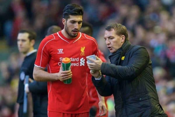 LIVERPOOL, ENGLAND - Sunday, March 8, 2015: Liverpool's manager Brendan Rodgers gives instructions to Emre Can during the FA Cup 6th Round Quarter-Final match against Blackburn Rovers at Anfield. (Pic by David Rawcliffe/Propaganda)