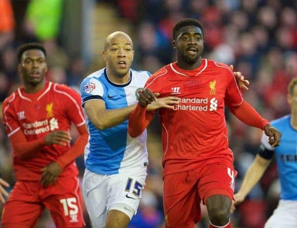 LIVERPOOL, ENGLAND - Sunday, March 8, 2015: Liverpool's Kolo Toure in action against Blackburn Rovers' Alex Baptiste during the FA Cup 6th Round Quarter-Final match at Anfield. (Pic by David Rawcliffe/Propaganda)