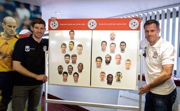 LIVERPOOL, ENGLAND - Thursday, March 12, 2015: Liverpool's Steven Gerrard and Jamie Carragher at the press conference to announce plans for an All-Star Charity friendly match to be played at Anfield on Sunday March 29th in aid of the Liverpool FC Foundation. (Pic by Paul Currie/Propaganda)