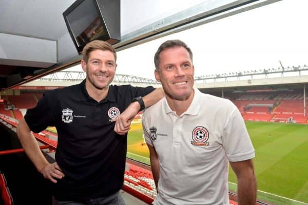 LIVERPOOL, ENGLAND - Thursday, March 12, 2015: Liverpool's Steven Gerrard and Jamie Carragher at the press conference to announce plans for an All-Star Charity friendly match to be played at Anfield on Sunday March 29th in aid of the Liverpool FC Foundation. (Pic by Paul Currie/Propaganda)