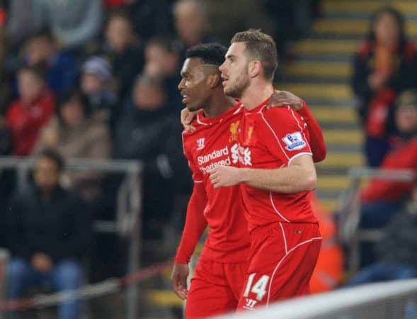 SWANSEA, ENGLAND - Monday, March 16, 2015: Liverpool's captain Jordan Henderson celebrates scoring the first goal against Swansea City with team-mate Daniel Sturridge during the Premier League match at the Liberty Stadium. (Pic by David Rawcliffe/Propaganda)