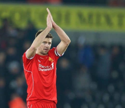 SWANSEA, ENGLAND - Monday, March 16, 2015: Liverpool's captain Steven Gerrard after the 1-0 victory over Swansea City during the Premier League match at the Liberty Stadium. (Pic by David Rawcliffe/Propaganda)