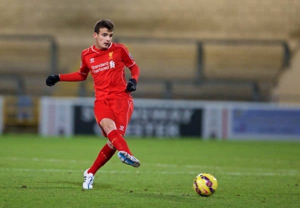 CHESTER, WALES - Friday, March 20, 2015: Liverpool's Pedro Chirivella in action against West Ham United during the Under 21 FA Premier League match at Deva Stadium. (Pic by David Rawcliffe/Propaganda)