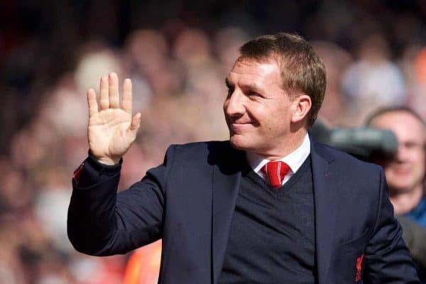 LIVERPOOL, ENGLAND - Sunday, March 22, 2015: Liverpool's manager Brendan Rodgers before the Premier League match against m' at Anfield. (Pic by David Rawcliffe/Propaganda)